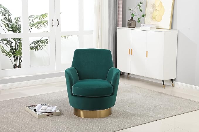 Velvet Swivel Barrel Chair Armchair for Living Room Reading Chairs for Bedroom Comfy Round Barrel Chairs with Gold Stainless Steel Base for Living Room Bedroom Reading Room (Emerald)