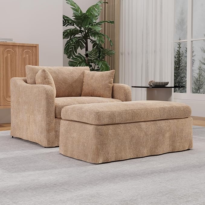 Mlmh &amp Kngwa Chenille Oversized Armchair with Ottoman 45.27 W Comfy Reading Chair and Ottoman Set Big Cozy Chair with 3 Pillows for Living Room Bedroom Reading Nook Wheat
