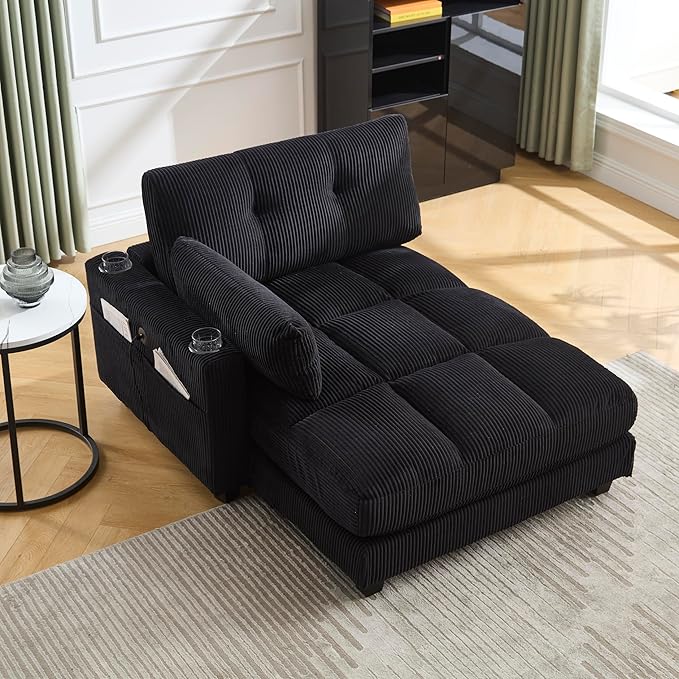 Oversized Lounge Chaise Convertible Sleeper Sofabed Corduroy Sleeper Daybed Indoor Recliner Chair Sofa Bed with Cupholders and Adjustable Headrests for Living Room Bedroom Reading Home Apartment