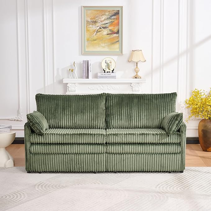 KEIKI 73 3-in-1 Pull Out Sofa Bed Convertible Corduroy Sleeper Sofa with USB Ports &amp Side Pockets Modern Futon Couch for Living Room Apartment or Bedroom Green
