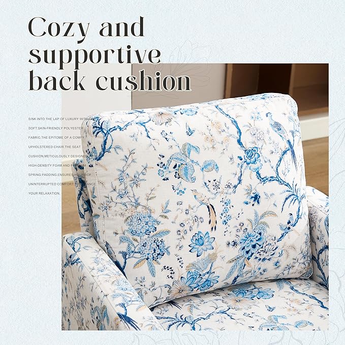 Mid-Century Accent ChairModern Linen Fabric Armchair for Living RoomComfy Upholstered Reading Accent Chairs for BedroomSingle Sofa Chair with Wood Legs (Blue Flowered Bird 2 Pack)