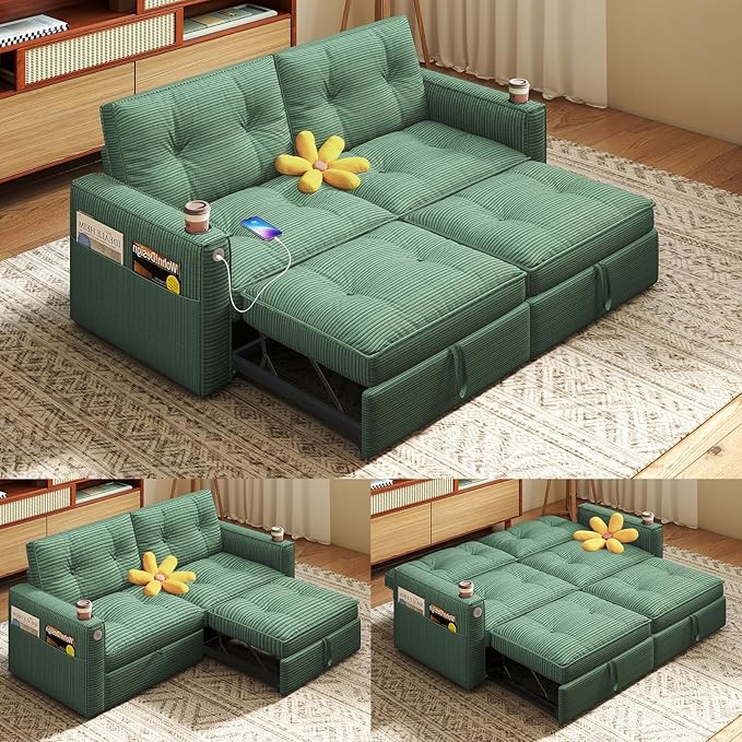 Rovibek 73.2 Convertible Sofa Bed Pull Out Couch with USB Charging Port &amp Cup Holders Adjustable Backrest Side Pockets Modern Corduroy Sleeper Sofa for Living Room Bedroom Apartment Green