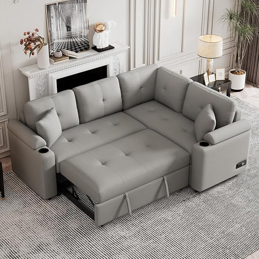 83 L-Shape Sofa Bed Pull-Out Sleeper Sofa with Wheels and Built-in Cup Holders Modern Button Tufted 3 Seater Sectional Corner Couch with Power Sockets for Living Room (Grey-s32)