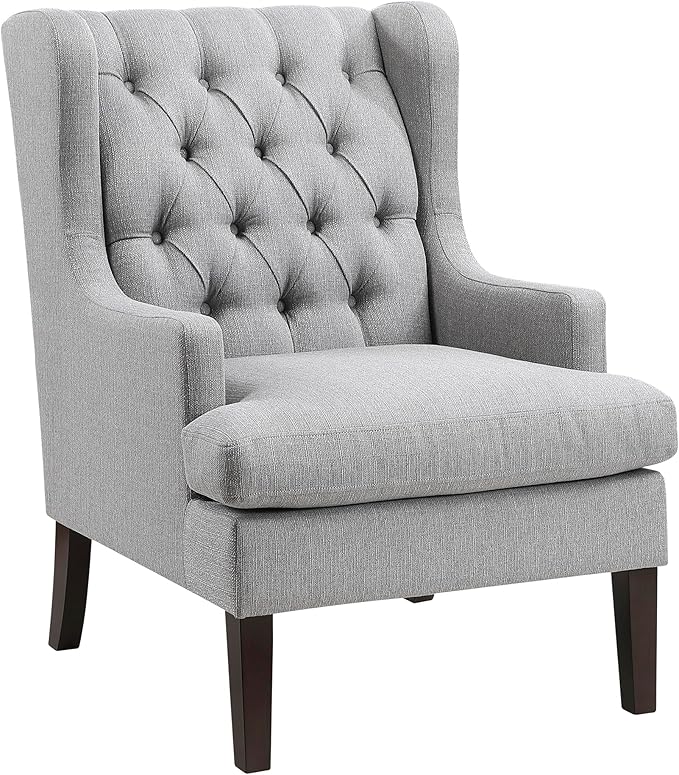 Lexicon Living Room Accent Chair Textured Fabric Upholstered Reading Chair Button-Tufted High Wingback for Living Room/Bedroom/Office Gray
