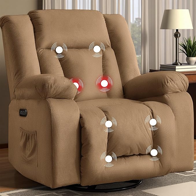 Rocker Recliner Chairs for Adults Swivel Rocking Chair with Heat and Massage Modern Electric Recliner with Extra Wide Waffle Fabric Massage Chair Recliner for Living Room Bedroom