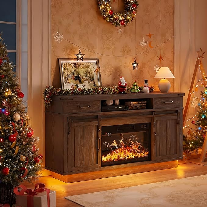 Fireplace TV Stand for TVs up to 65 Electric Fireplace with 3D Flame Farmhouse LED Light Entertainment Center TV Console with with 2 Drawers Sliding Barn Door for Living Room - Black