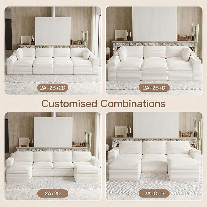 Boneless Sectional Cloud Couch with Deep Seat Plush Corduroy Modular Sectional Sofa Convertible L Shaped Couches for Living Room. White Sofa.