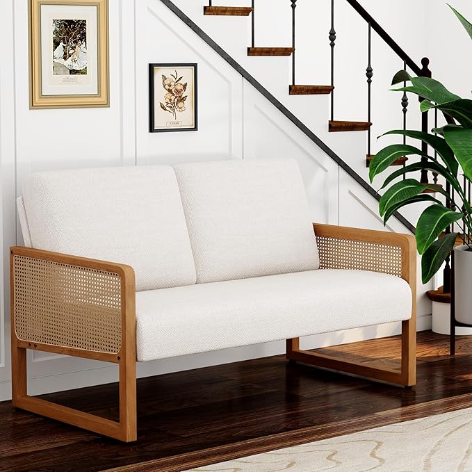 Small Loveseat Sofa with Rattan Arms Linen Mini Couch for Living Room Bedroom Modern Upholstered Love Seat with Wood Legs Ivory