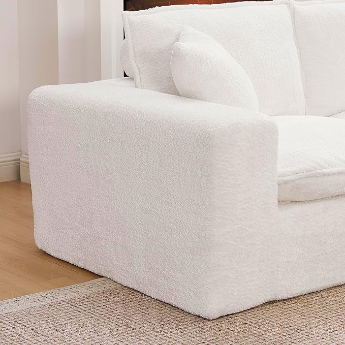 L-Shaped Boneless Modular Sectional Cloud Couches 7 Seat Modular Boucle Floor Foam Boneless Sofa Couch with Ottomans Headrest Pillows and Removable Cushions
