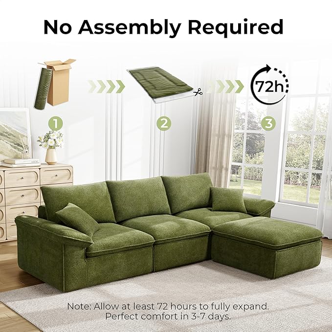 LIKIMIO 120 L-Shaped Modular Sectional Sofa Cloud Sectional Couch with Deep Seat Comfy Teddy Upholstery Oversized 3-Seater with Ottoman Boneless Couch for Living Room No Assembly Green