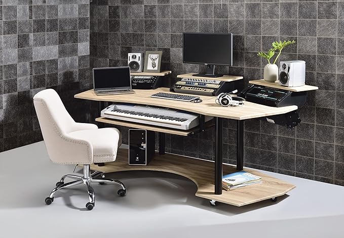 Home Office Desks Versatile Design Music Recording Studio Desk Modern Wooden 4-Shelf Music Recording Studio Black Oak Desk Office Desk with Storage for Living Room/Home Office/Study Room (Oak)