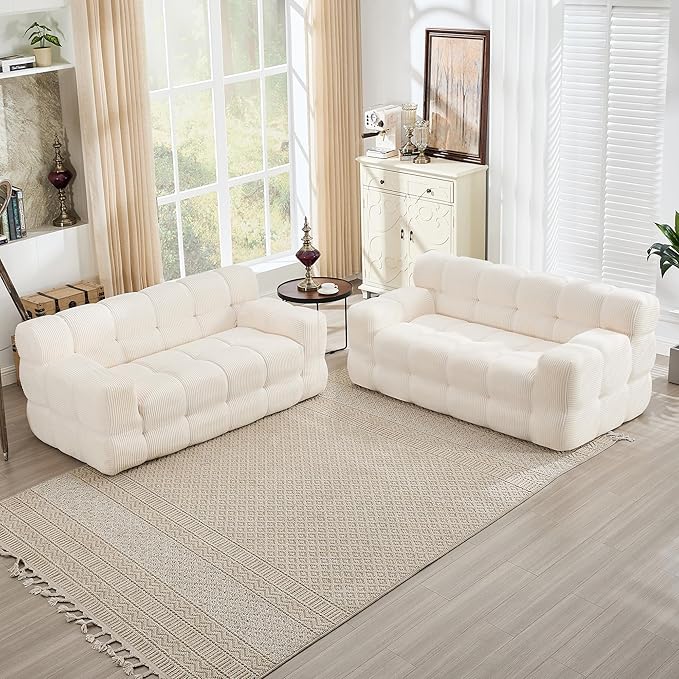 Tbfit Boneless Loveseat SofaComfy Tufted Cloud Couch Modern Living Room Floor Sofa Chair Corduroy White