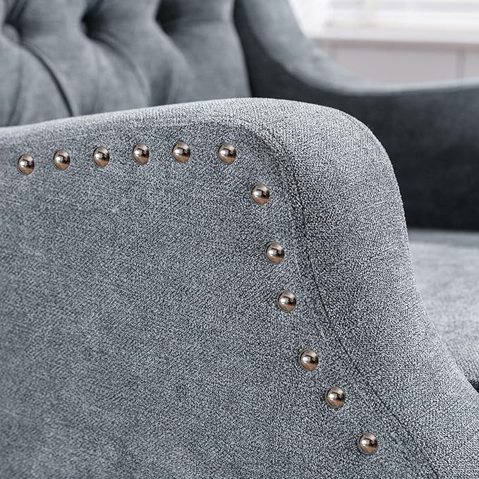 Grey Accent Chair Living Room Chair Footrest Chair Set with Vintage Brass Studs Button Tufted Upholstered Armchair for Living Room Comfy Reading Chair for Bedroom Reception Room