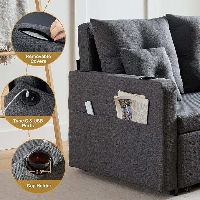 3 in 1 Convertible Sofa Bed 56 Full Size Loveseat Sleeper Sofa Couch Bed Sleeper Sofa Bed with Storage Pocket USB Comfy Pull Out Sofa Bed for Living Room Bedroom Small Space Dark Grey