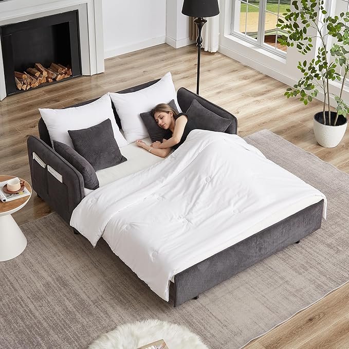 Ball &amp Cast 66 Convertible Sofa Bed3-in-1 Corduroy Loveseat Sleeper Pull Out Couch Bed with Pillows and Side Pockets Deep Seat Comfy Sofa Couches for Living RoomApartmentDark Grey