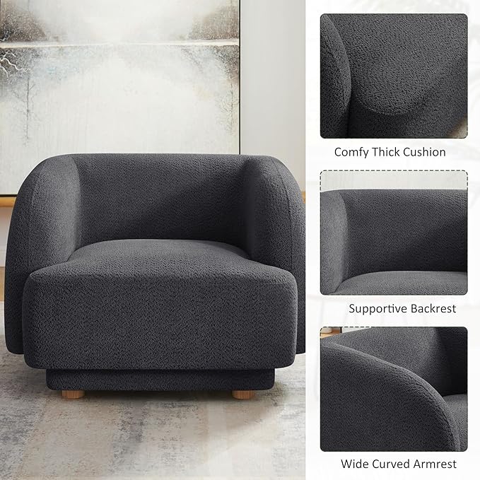 VANOMi Oversized Living Room Chair Modern Comfy Accent Barrel Chairs Single Sofa Chair with Wood Legs Upholstered Armchair for Bedroom Office Waiting Room (Dark Gray)