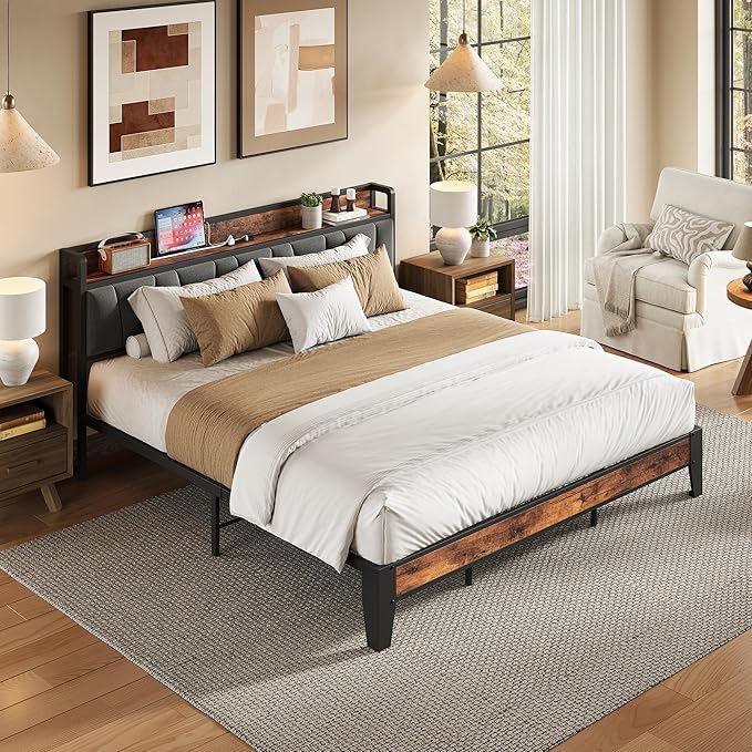 LIKIMIO King Size Bed Frame Storage Headboard with Charging Station Solid and Stable Noise Free No Box Spring Needed Easy Assembly