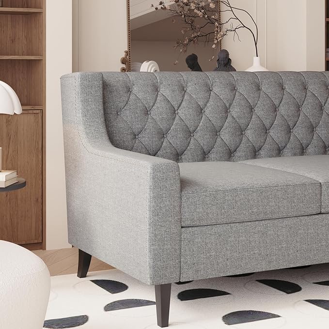 GDFStudio 78.75 3-Seater Sofa Button Tufted Backrest Big Comfy Couch with Plush Cushions Mid Century Modern Couches Home Living Room Sofa Upholstered Sofas &amp Couches for Apartment Bedroom Gre