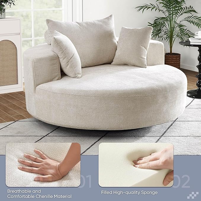 SLEERWAY 55W Oversized Swivel Accent Chair Large Barrel Chairs Upholstered Round Swivel Chair Chenille Single Sofa Armchair Modern Sleeper Chair for Living Room Lounge and Projection Room Beige