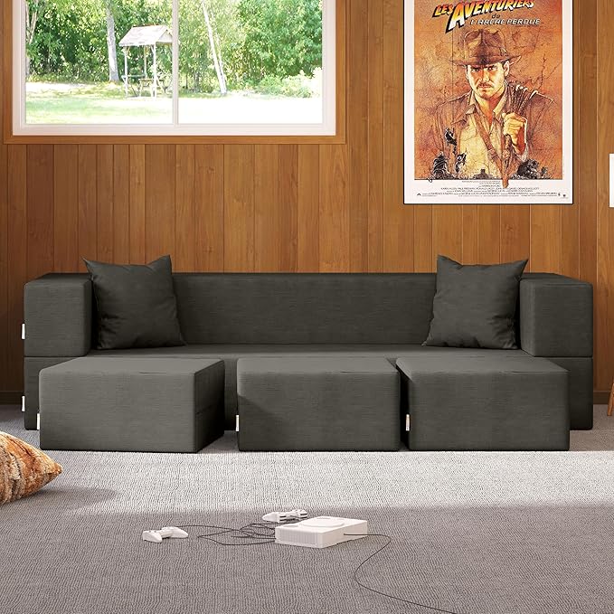 Jaxx Zipline Convertible Sleeper Sofa &amp Three Ottomans/California King-Size Bed Textured Microvelvet - Charcoal