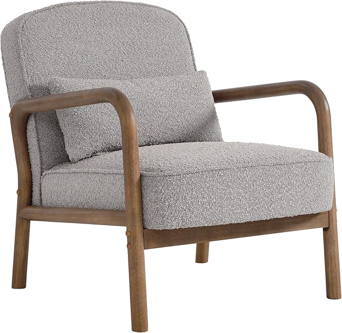 Modway Charlie Boucle Upholstered Wood Accent Armchair in Taupe – Mid-Century Modern Chair with Cushion – Cozy Reading Chair with Solid Wood Frame – Fabric Upholstered Armchair for Living Room