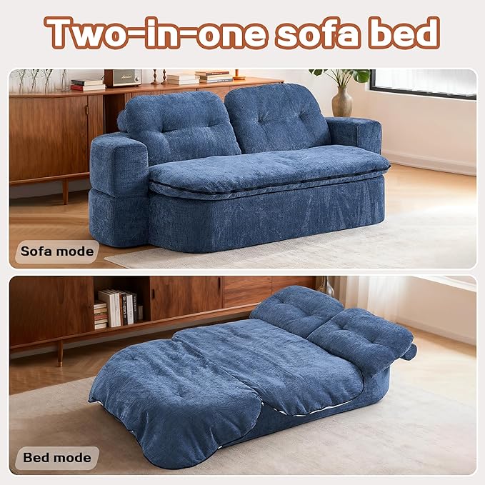 Modern Floor Sofa with 2 PillowsConvertible Chenille Foam-Filled Sleeper Sofa Bed no Assembly RequiredConvertible Sofa Couch BedFolding Mattress for Living Room (Chenille Dark Blue)