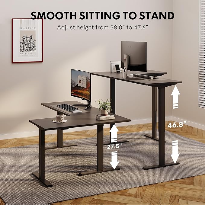 SANODESK Electric Height Adjustable 3-Leg L Shaped Standing Desk Frame Support up to 220lbs Sit Stand Ergonomic L Desk Frame Only Black