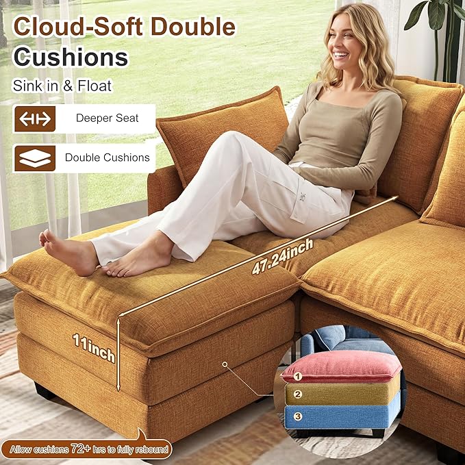 107 Cloud Couch Sectional U Shaped Modular Sectional Sofa 4-Seat Deep Seat Couch with 6 Removable Washable Pillows and 2 Ottoman for Living Room Bedroom Apartment Orange