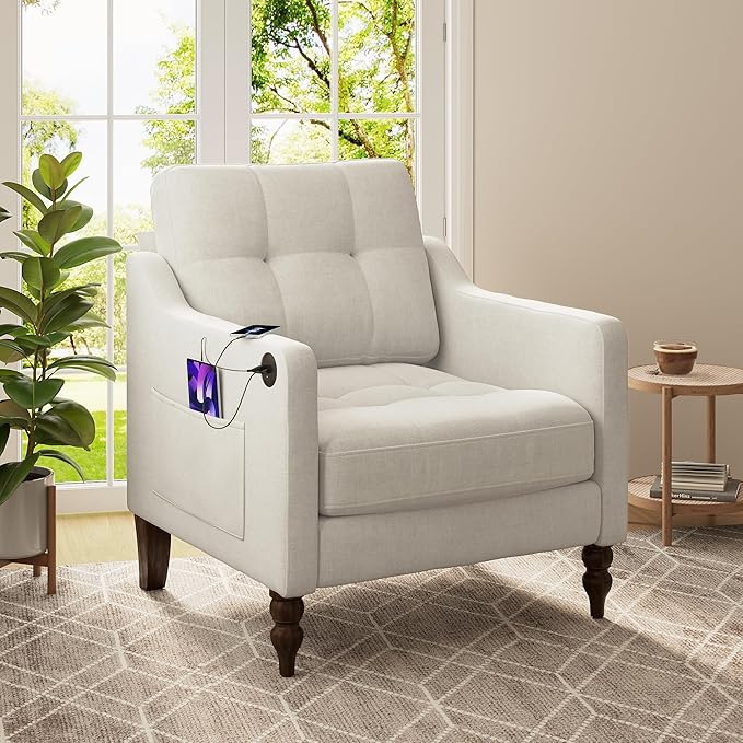 Accent Chair for Living Room Mid-Century Armchairs for Small Spaces Chenille Upholstered Comfy Reading Armchair with Studded for Bedroom (Beige-B)