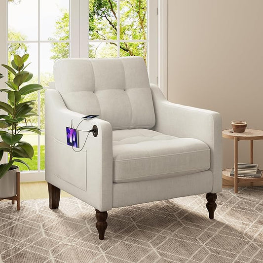 Accent Chair for Living Room Mid-Century Armchairs for Small Spaces Chenille Upholstered Comfy Reading Armchair with Studded for Bedroom (Beige-B)