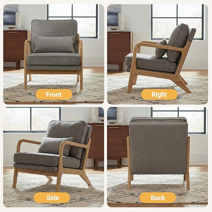 Modern Accent Chair Mid Century Wooden Upholstered Armchair with Lumbar Pillow &amp Removable Soft Cushion Reading Chair for Living Room Bedroom BalconyCoffee(Beige/Blue/Green/Grey)