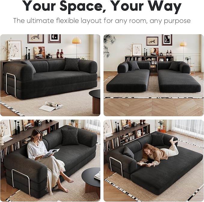 79 Convertible Sleeper Sofa Bed Modern Corduroy Floor Couch Bed with Silver Fixed-Shape Frame Modular Sofa with Pull Out Bed Loveseat Sleeper Boneless Couch for Living RoomBlack