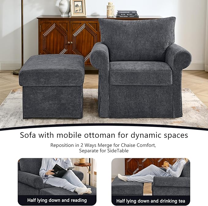 Living Room Chairs with Ottoman Small Accent Chair for Bedroom Single Sofa Couch with Chenille Fabric for Apartment and Small Places (Dark Grey)