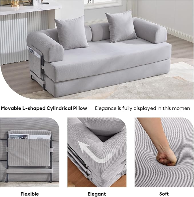 Convertible Sleeper Sofa Bed with Fixed-Shape Frame Modern Corduroy Folding Boneless Couch with 2 Pillows Comfy Floor Sofa Couch for Living Room No Assembly Required (Light Grey)