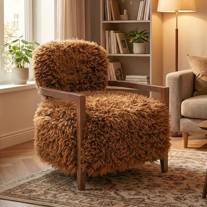 Furniture of America Ramos Modern Accent Chair with Ultra Soft Faux Fur Long-Haired Accent Sofa Tight Seat and Back Single Couch Fluffy Living Room Seating No Assembly Needed Camel Brown