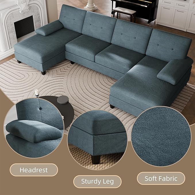 Walsunny Sectional Couches for Living Room Convertible U-Shaped Sofa Couch with Double Chaise 4 Seat Sofa Set Modular Sectional Sofa for Living Room Apartment Bedroom Dark Grey