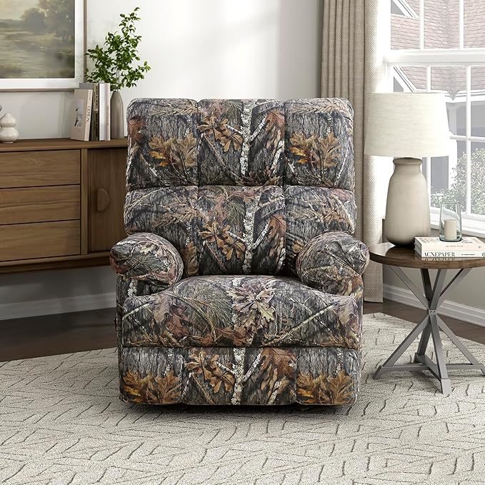 Lexicon Glider Recliner Chair with Lever Handle Textured Microfiber Manual Recliner Plush Stitching Cushion Pillow Top Arms Rustic Armchair for Cabin/Living Room Easy Assembly Camouflage
