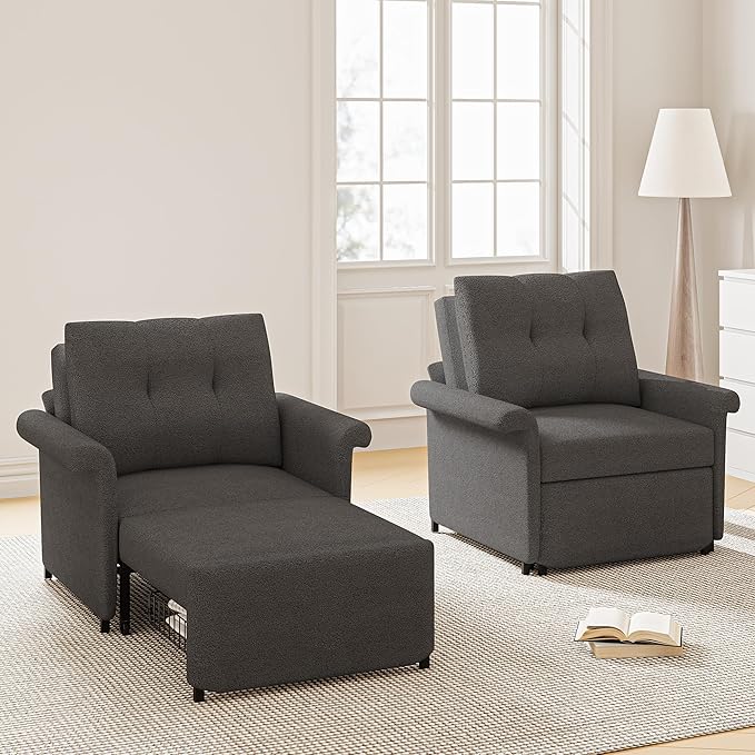 Sofa Bed Chair 3-in-1 Convertible Sleeper Chair with Storage Drawer Lambswool Fabric Pull Out Couch with Adjustable Backrest for Living Room Bedroom Office Dark Gray
