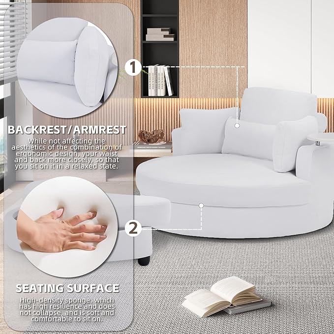 51'' Accent Swivel Barrel Chair with Storage Ottoman Modern Oversize Round Swivel Leisure Armchair for Living Room Hotel Club Lounge White