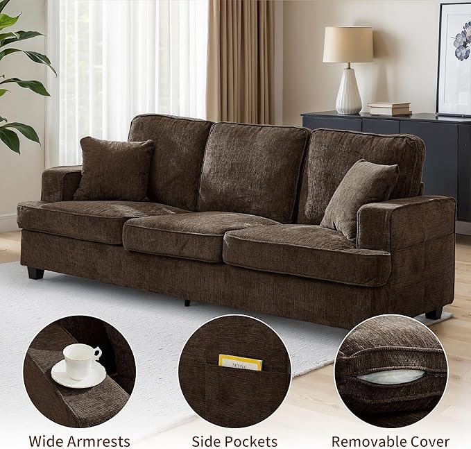 Sofa Couch for Living Room Modern Loveseat with Comfy Deep Seat Comfortable Mid-Century 3-Seater Couch for Bedroom Home Apartment Office Lounge Brown