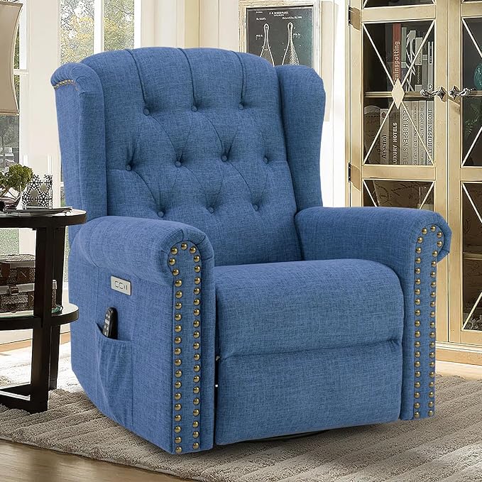 Power Swivel Rocking Glider Recliner Chair Electric Nursery Reclining Sofa Chair with Heat and Massage Wingback Tufted Upholstered Recliner for Living Rooms USB and Type-C Port Blue