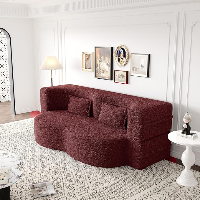 2 in 1 Folding Floor Couch Sofa Bed with 2 Pillows Teddy Fabric Foam-Filled Convertible Sleeper Sofa Full Mattress for Living Room Guestroom No AssemblyBurgundy Required Sofa Bed