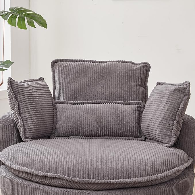 Modern Swivel Chair 38 W Oversized Swivel Chair with Moon Storage Ottoman Accent Round Loveseat Circle Swivel Barrel Chairs with 4 Pillows Cuddle Sofa Chair Lounger Armchair (Grey * 99)