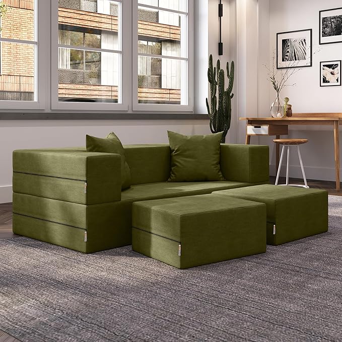 Jaxx Zipline Convertible Sleeper Loveseat &amp Ottomans/Queen-Size Bed Moss