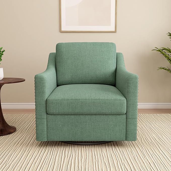 Set of 2 Swivel Accent Chairs for Living Room 360° Swivel Upholstered Club Armchairs with Nailhead Trim Metal Swivel Base Linen-Textured Fabric – Green