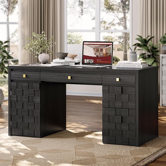 58 Executive Desk with Drawers Home Office Desk with Charging Station &amp Keyboard Tray Wood Office Desk with File Drawer &amp Storage Cabinet Modern Computer Writing Desk with Adjustable Shelf