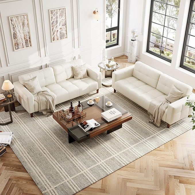 IDEALHOUSE 3-Seater Sofa Couch 83 in Wide Faux Leather Sofa Couch with Spring Cushion Modern Sofa with Deep Seats and 2 Removable Back Cushions for Living Room Bedroom Apartment Office Beige