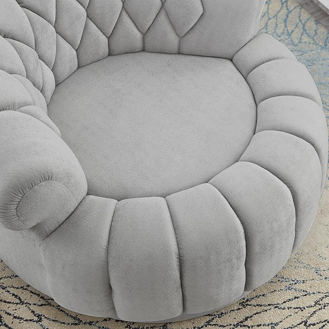 360° Swivel Accent Chair Chenille Fabric Barrel Swivel Chair Round Club Chair with Curved Armrests &amp Thick Cushioning Stylish Channel-Tufted &amp Diamond-Quilted Backrest for Living Room (Gray
