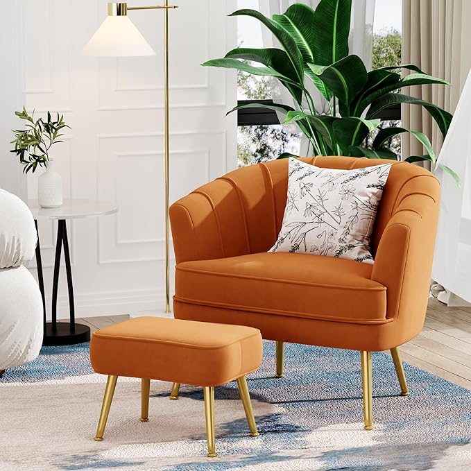 Andeworld Velvet Accent Chair with OttomanUpholstered Modern Single Sofa Side ChairComfy Barrel Club Living Room Armchair with Golden Metal Legs for Bedroom Living Reading Room OfficeCaramel Orange