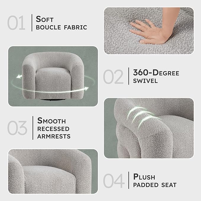 Lexicon Modern Swivel Accent Chair Cozy Boucle Arm Chair with Plush Curved Back Soft Stitching Cushions for Living Room/Bedroom/Office Fully Assembled Gray